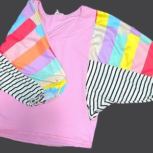 Colorful Pink, Purple + Yellow Bubble Sleeve Flowy Chic Top